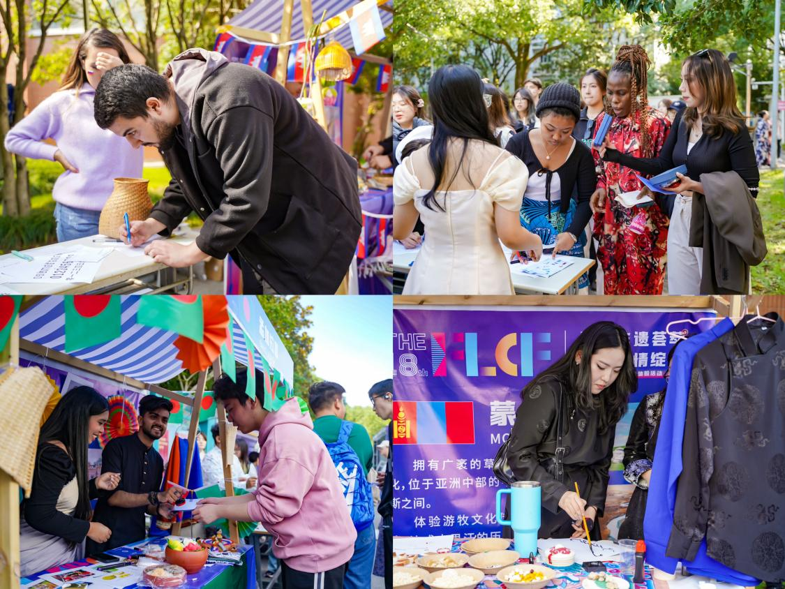 Chinese and foreign students participating in the activities and queuing up to exchange souvenirs